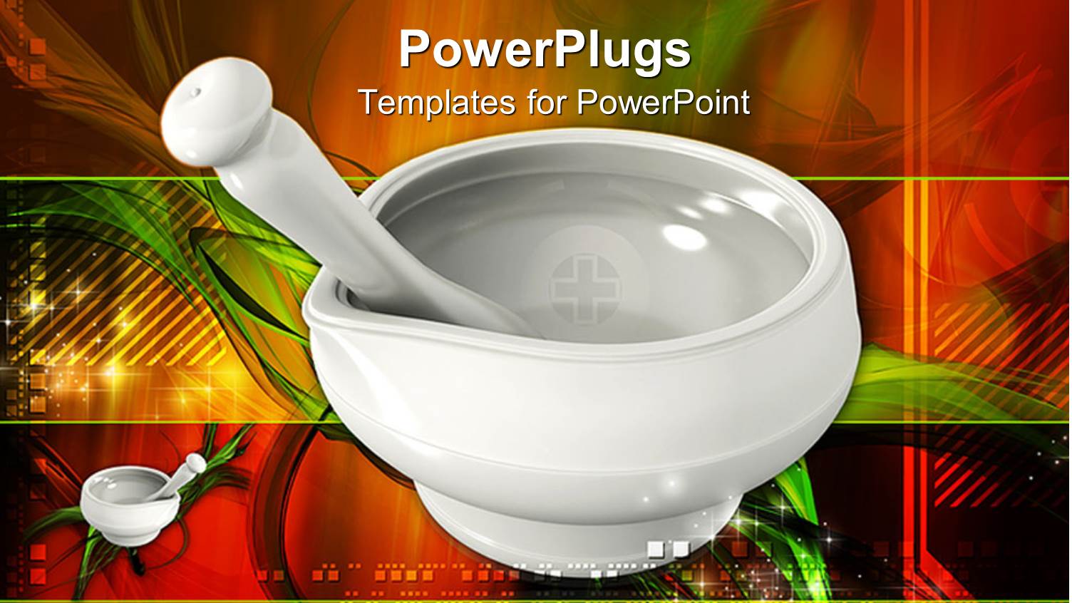 White Mortar and Pestle, Green, Red, Yellow Background