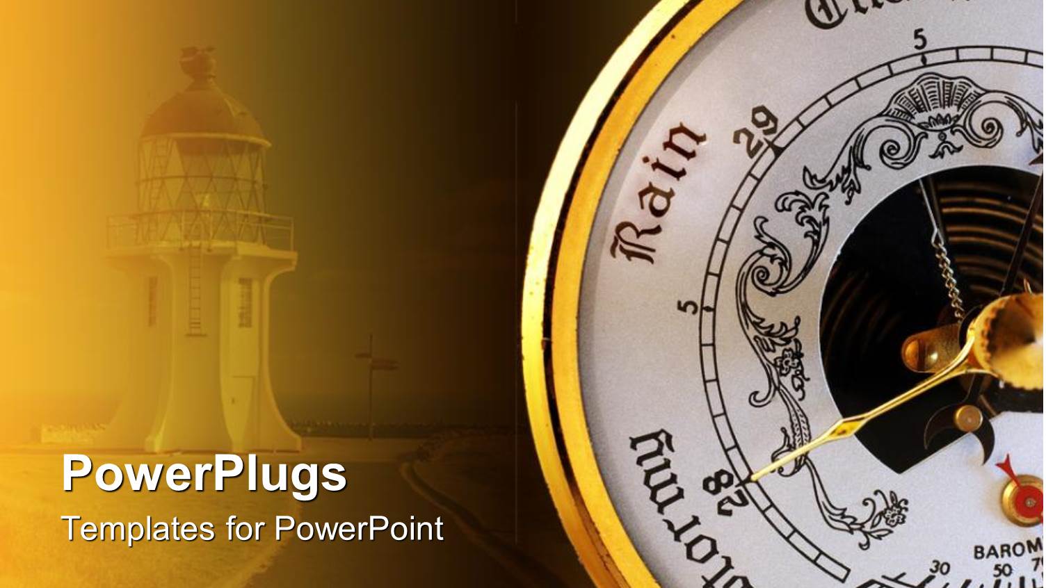 White and Orange Barometer with Golden Dial Poniting at Stormy