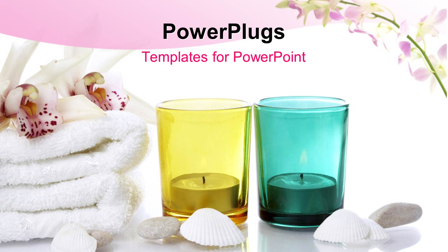 White Oyster Shells and Towel with Candles in Colored Glasses