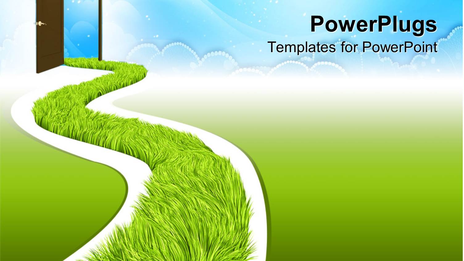 White Road with Fresh Green Grass Going to Open Door that Leads to Clear Blue Sky