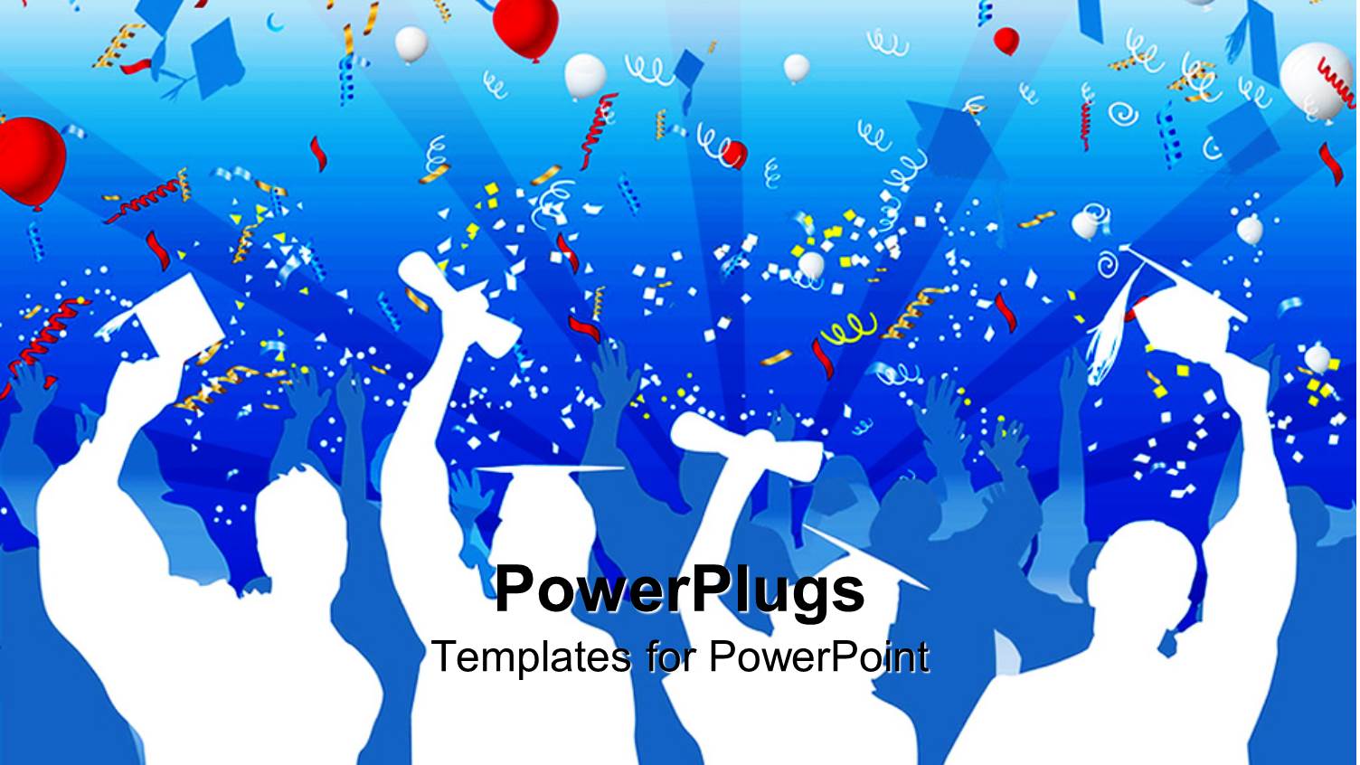 White Silhouettes of Graduates with Caps and Diplomas Celebrating Graduation with Balloons, Streamers, Confetti