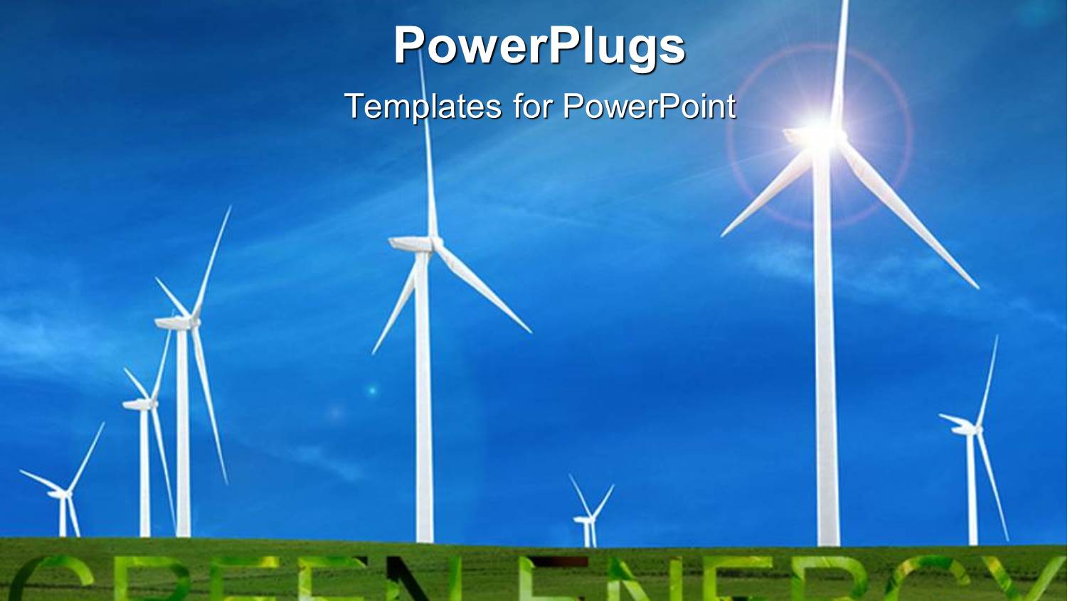 White Wind Turbines in huge Green Field Under Blue Sky