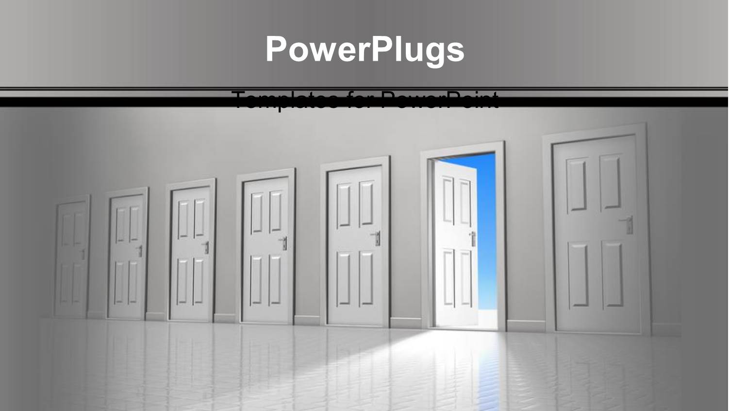 Wide, Empty Corridor with Row of Six Closed Doors with One Door Open to Reveal Clear Blue Sky