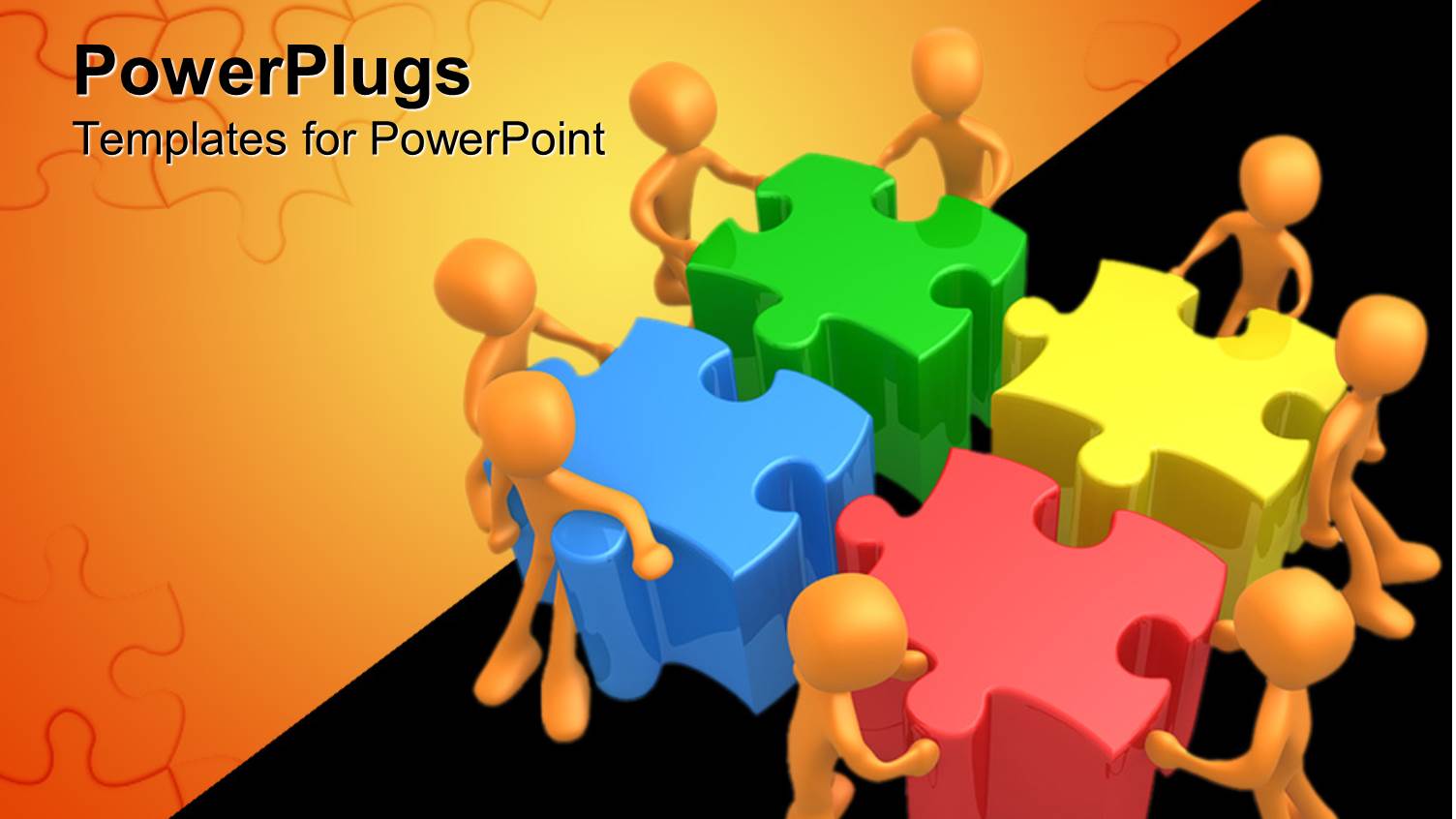 Wight 3D Figures Working in Team to Put Four 3D Colorful Jigsaw Puzzle Pieces Together