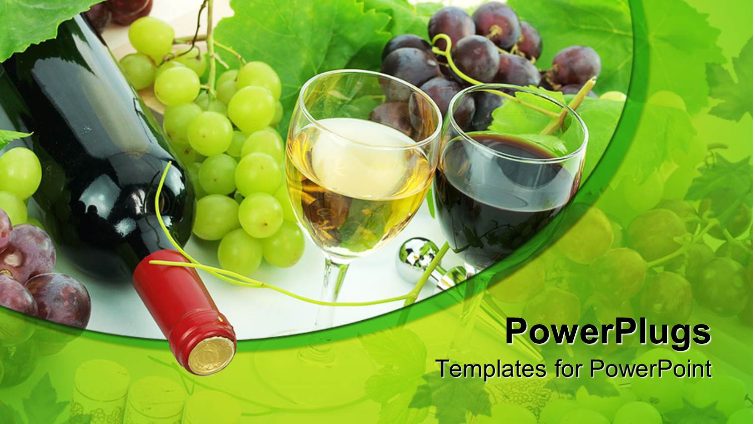 Wine Bottle, Glass of White Wine and Glass of Red Wine, Grapes and Grape Leaves, Vines of Grapes on White and Green