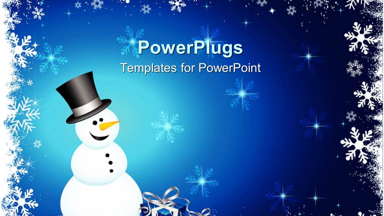 Winter Theme with Happy Smiling Snowman and Blue Gift Boxes with Silver Ribbons on Snowflake Setting and Blue Background