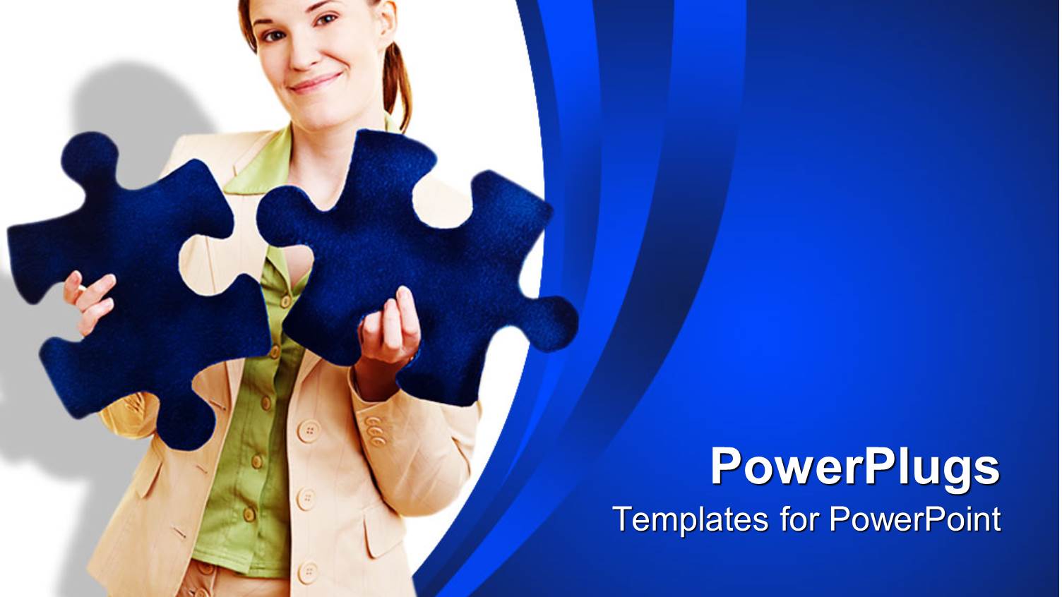 Woman in Beige Suit Holds Blue Jigsaw Puzzle Pieces