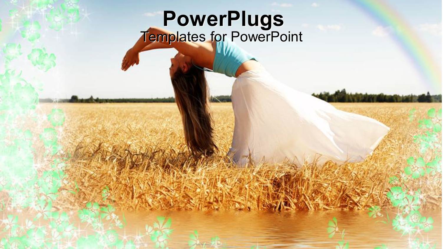 Woman Doing Yoga in Meadow with Rainbow Overhead in Field with Water