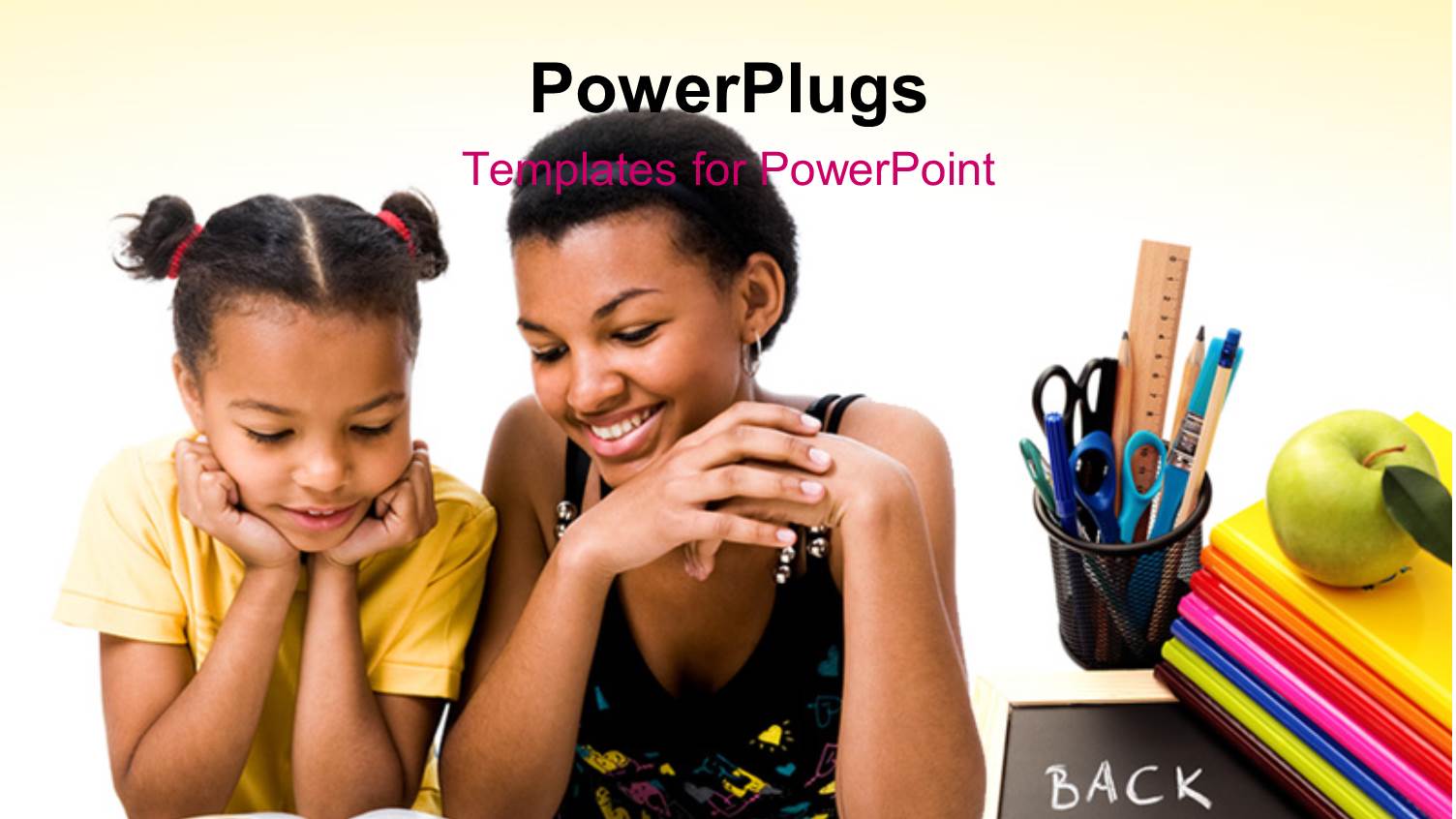 Woman and Girl Reading the Book Together with Green Apple on Books, Slate with Back to School Written and White Color