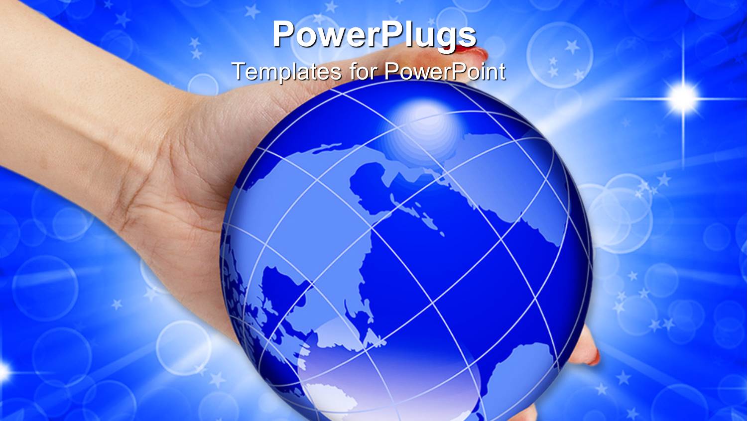 Woman Hand Holding Abstract Glowing Globe on Blue Background with Stars and Bubbles