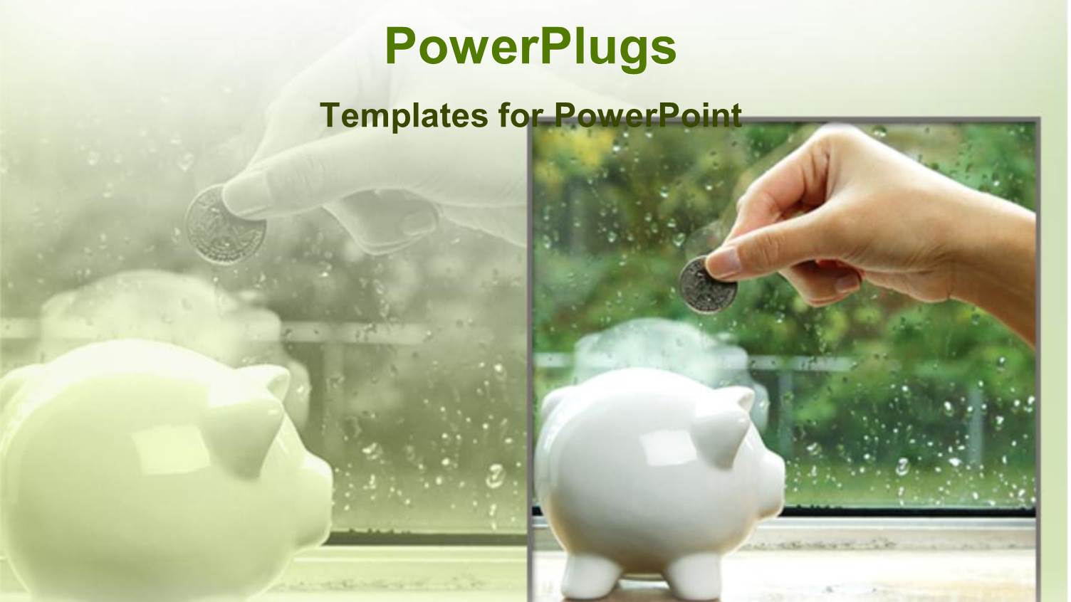 Woman Hand Inserting Coin in Piggy Bank with Rain Drops on Window