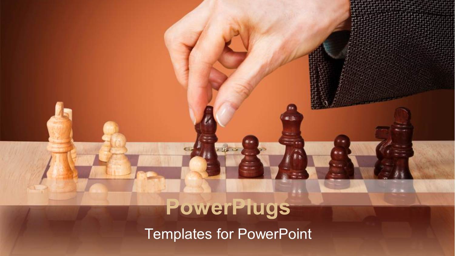 Woman Hand Moving a Chess Piece, Wooden Chess Set on Wooden Table