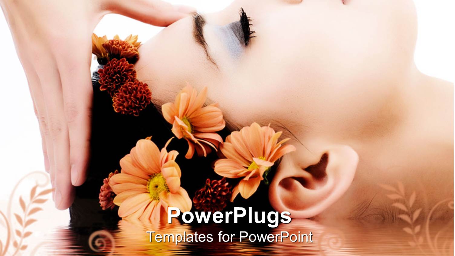 Woman Head Receiving Massage, Flowers in Hair, Reflecting in Water