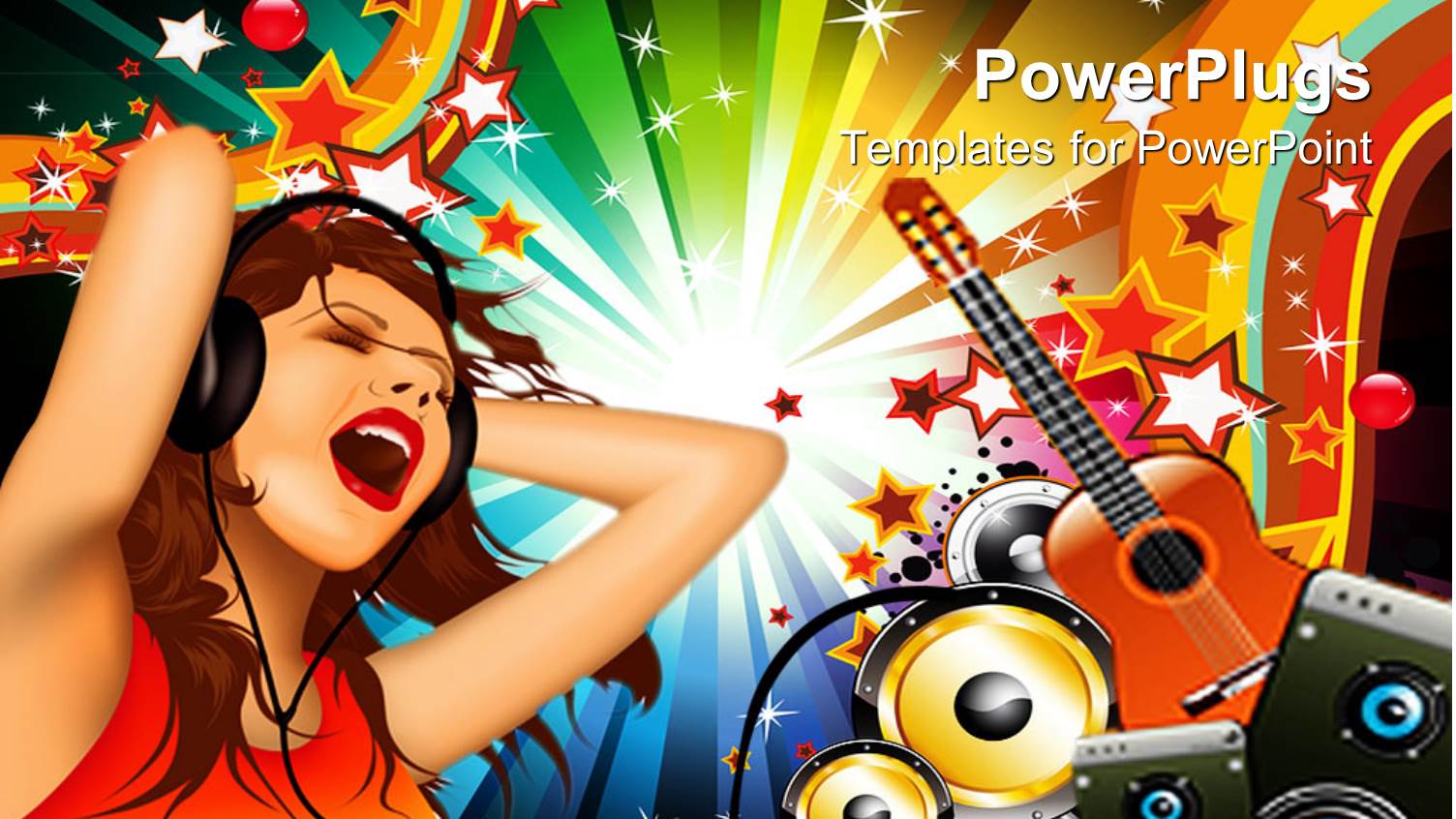 Woman with Headphones Singing with Guitar and Speakers in Background