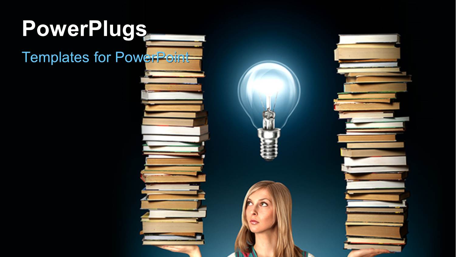 a Woman Holding a Lot of Books with a Bulb Above her Face