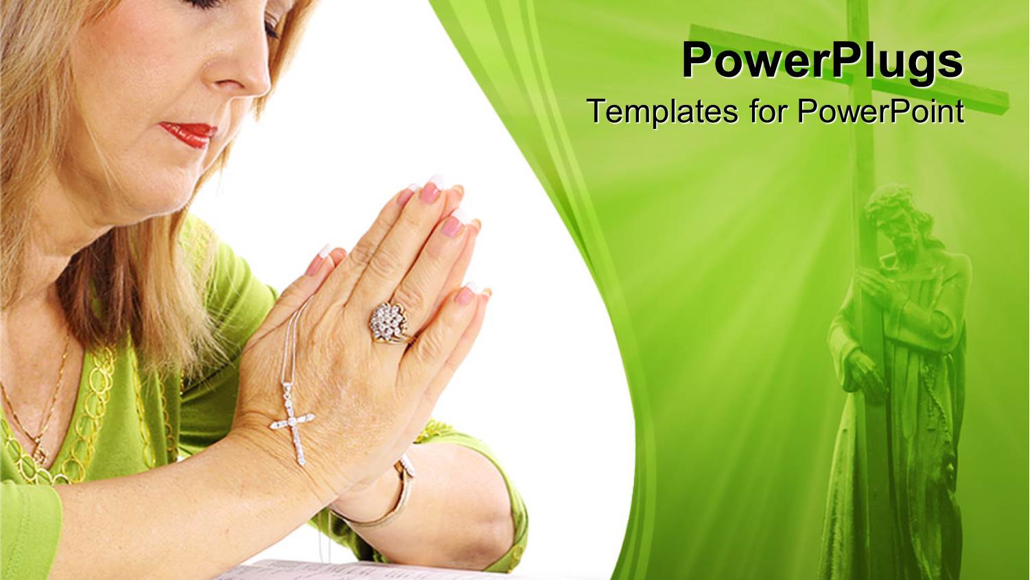 Woman Holding Rosary with Palms Placed Together Praying Over Bible
