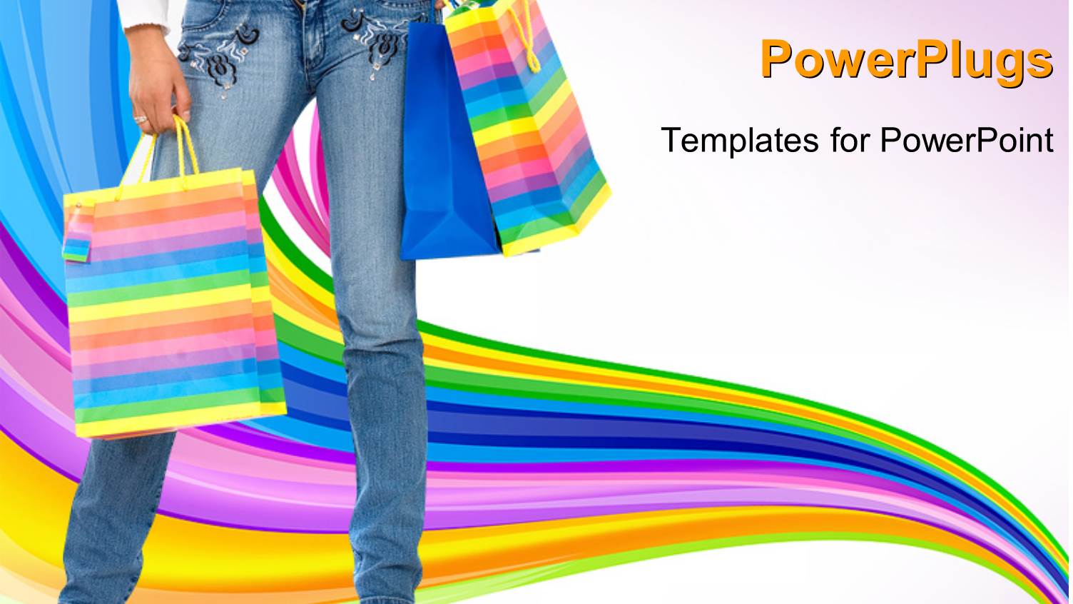 Woman in Jeans Carrying Three Shopping Bags Over Colorful Background