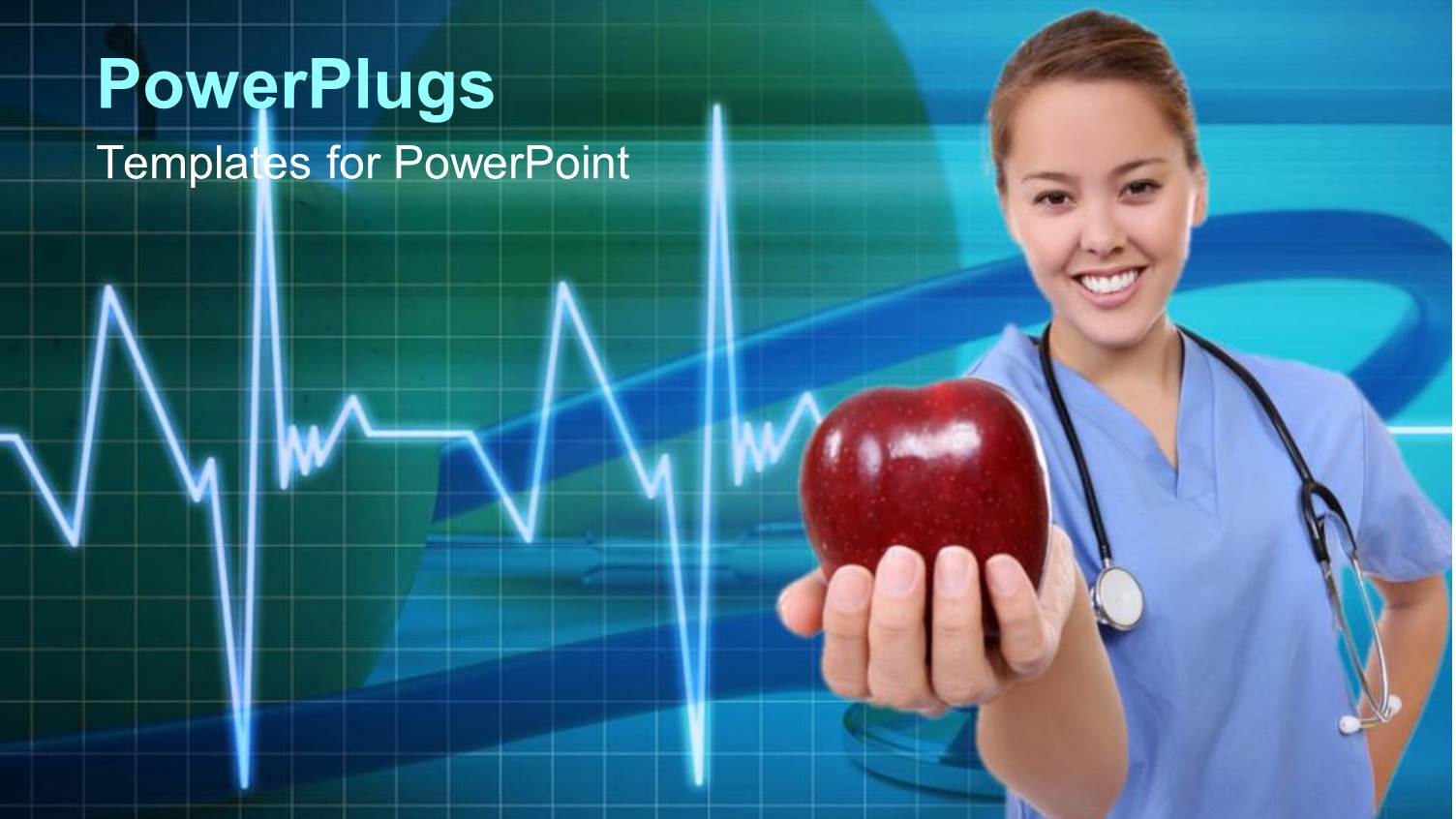 Woman in Medical Scrubs with Stethoscope Holding Apple, EKG Background, Nutrition, Health, Dietitian, Nutritionist