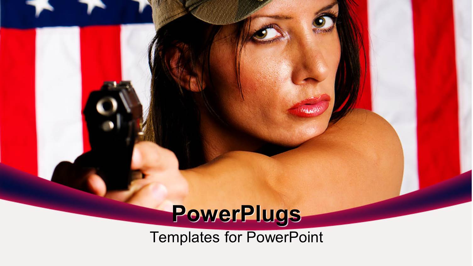 Woman in Military Hat Holding Gun with us Flag in Background