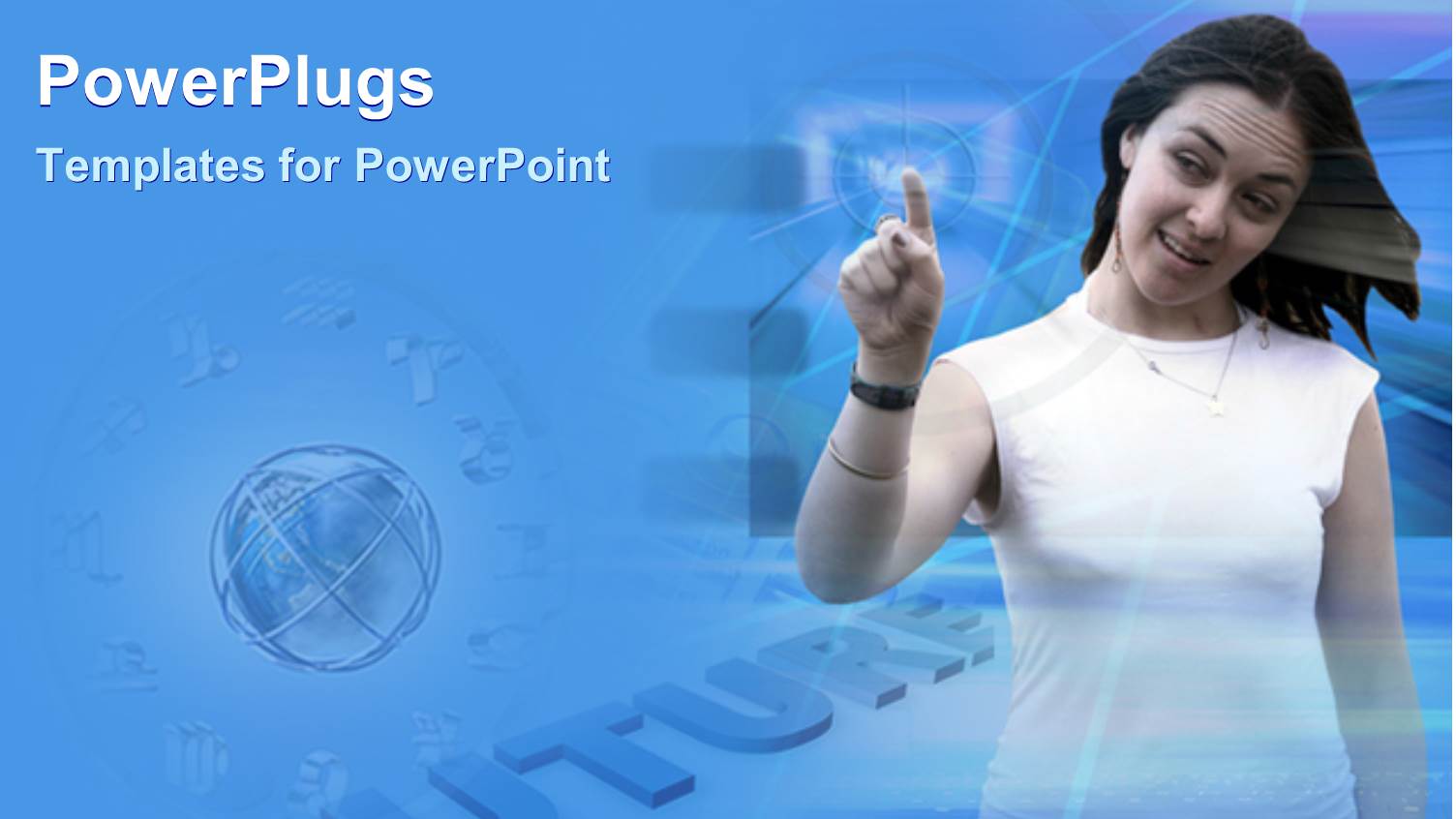 Woman Operating Futuristic Screen with Index Finger Over Blue Background