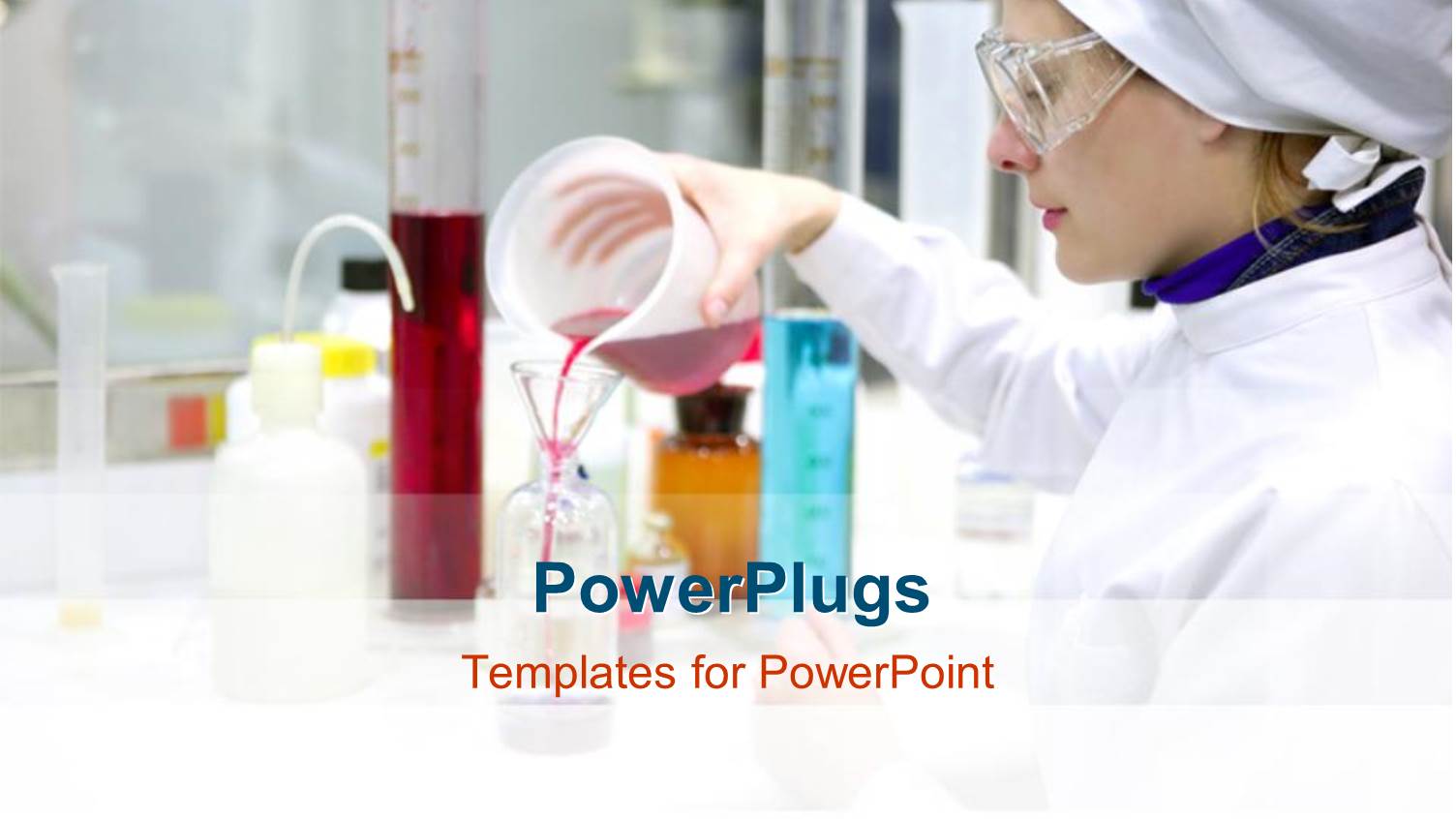 Woman Performing Experiment with Chemicals and Beakers in Chemical Research Laboratory