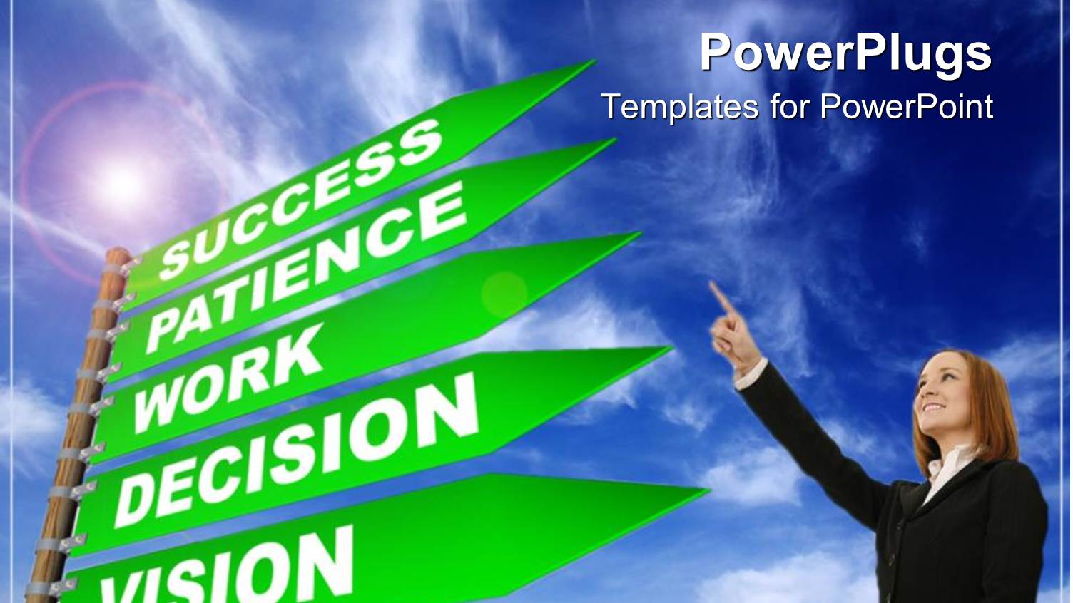 Woman Pointing Up to Sign Post Showing Five Steps to Success