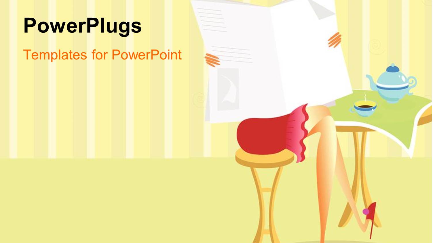 Woman in Red Dress Reading Newspaper at Table with Teapot and Cup