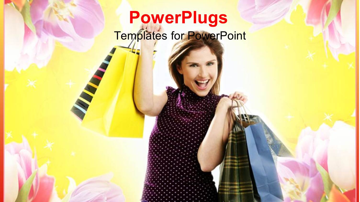 Woman with Shopping Bags on Yellow Background with Flowers, Retail, E Commerce