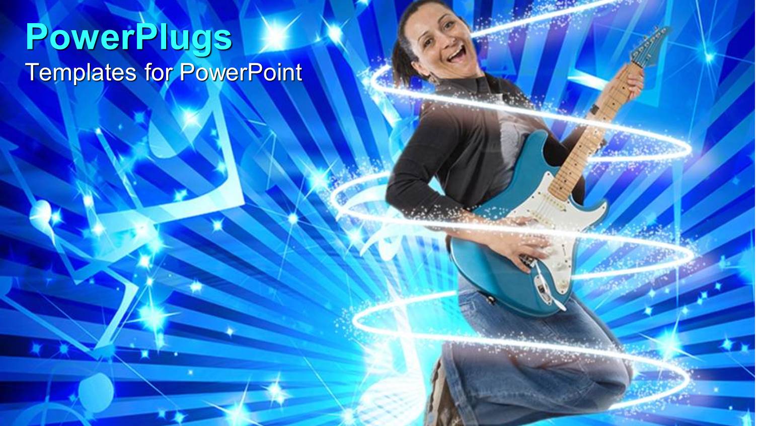 Woman Smiling as she Plays Guitar Jumps Up for Joy
