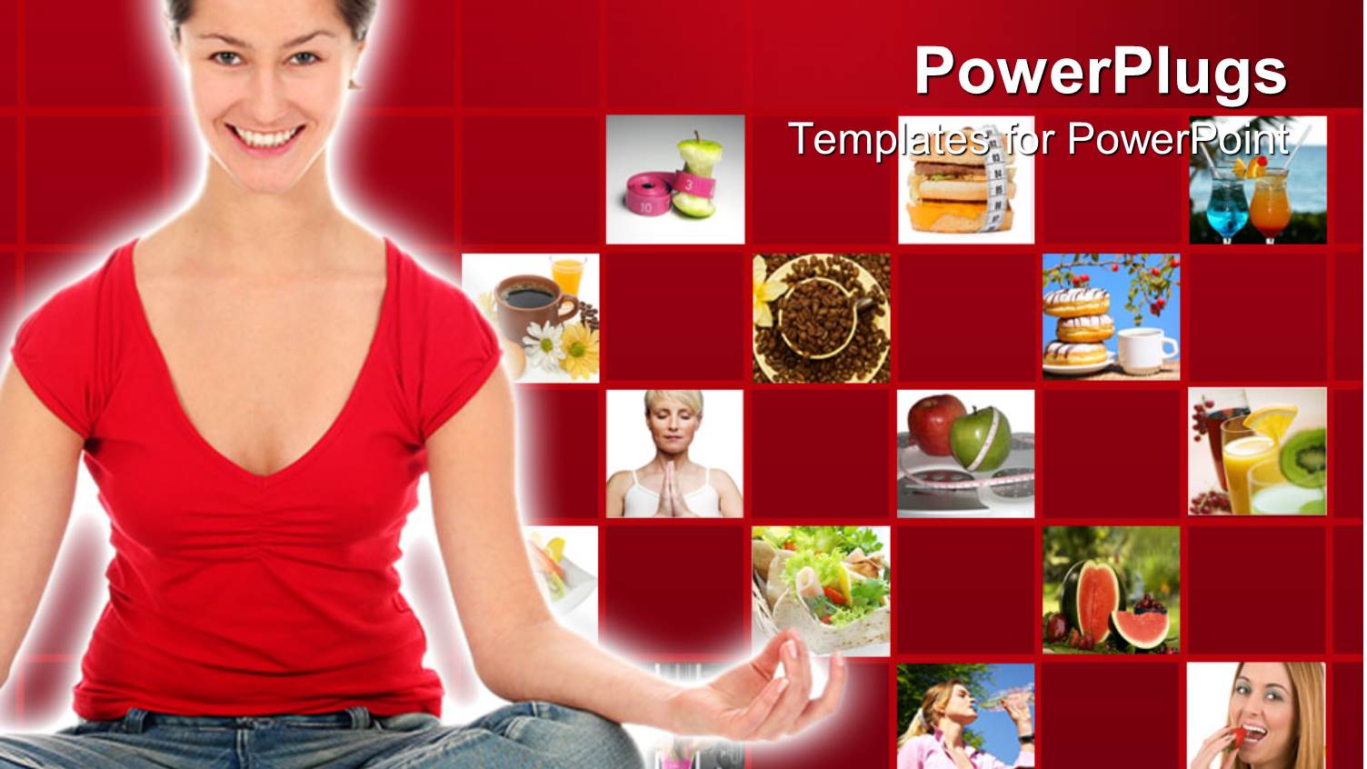 Woman Smiling as she does Yoga with Collage of Fruits for Diet