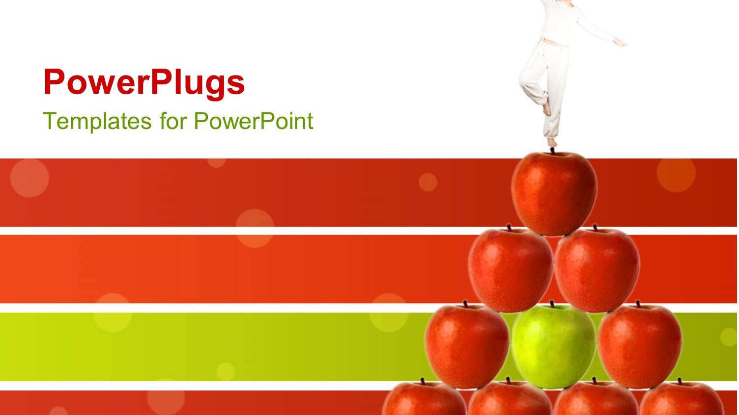 Woman in Tree Modified Yoga Tree Pose Standing Atop Pyramid of Red Apples with One Green Apple in Center