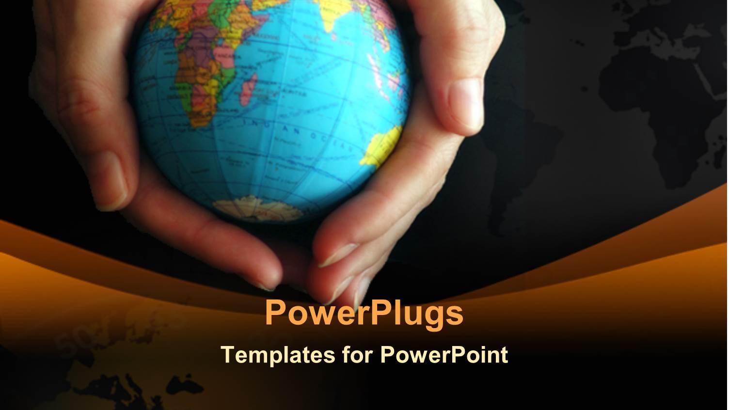 Woman's Hands Holding small Globe with World Map Background, Black and Brown