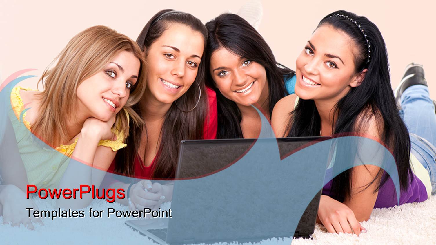 Beautiful Young Girls Lay on White Couch with Laptop