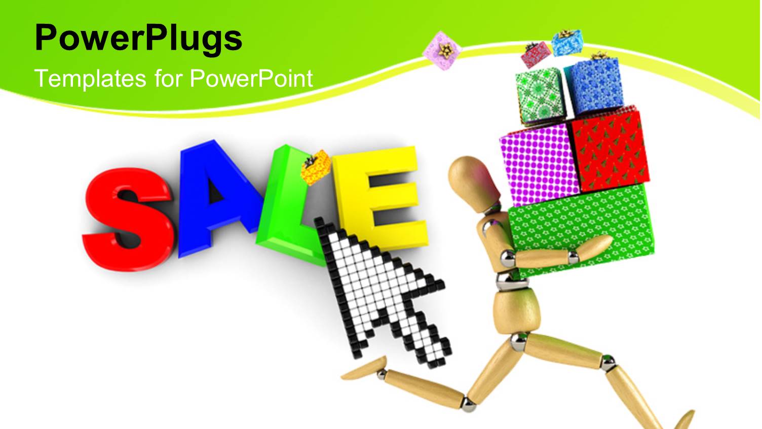 a Wooden Character Running with Colorful Boxes and a Text that Spells Out 