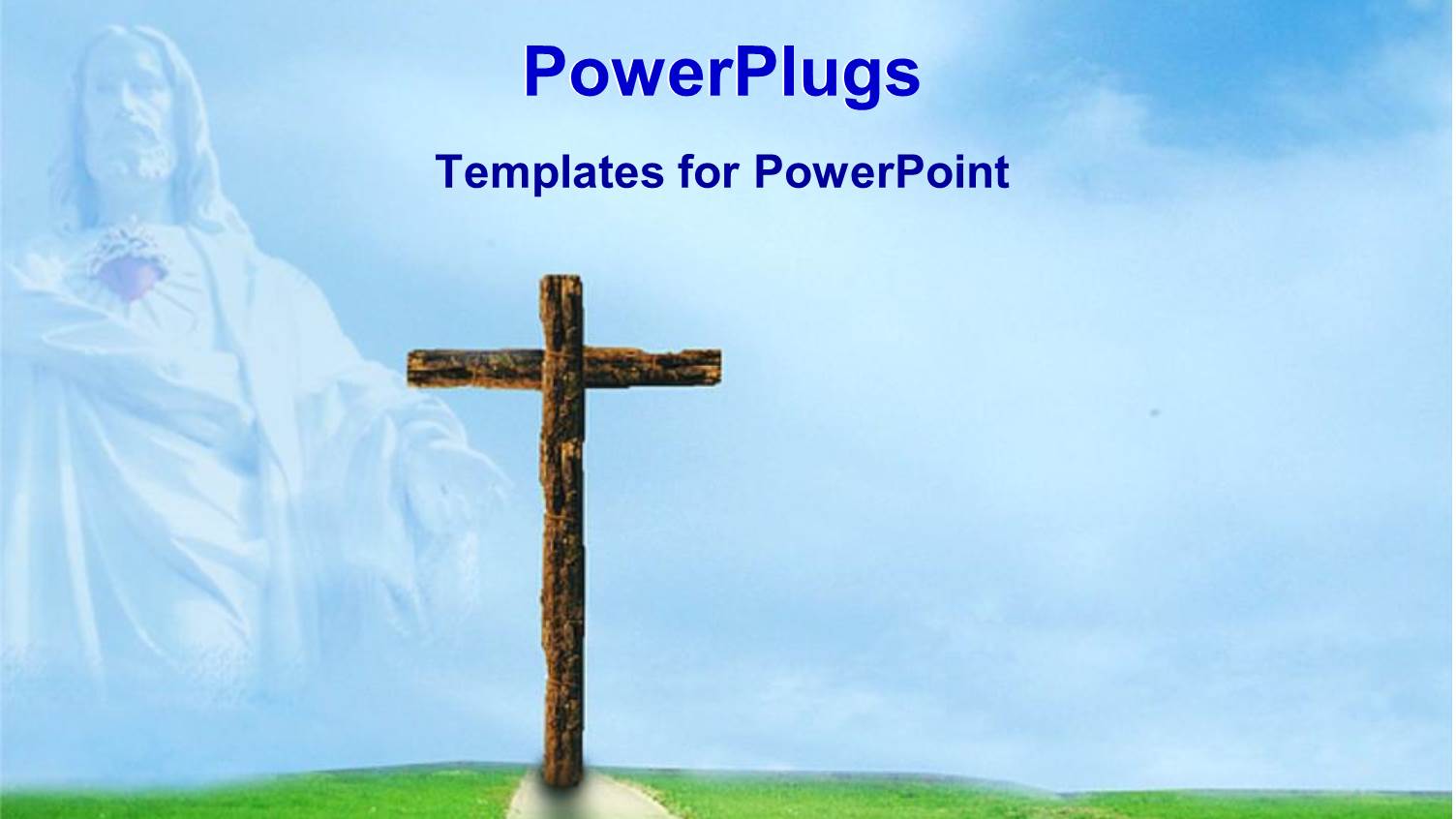 Wooden Cross on Green Field and Statue of Jesus Christ on Bright Blue Sky