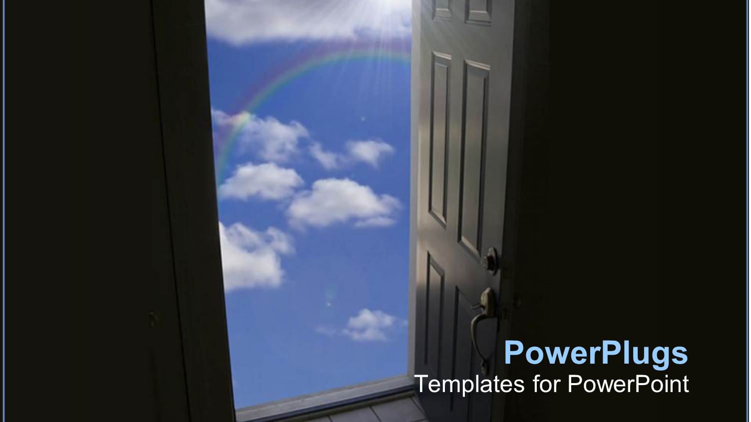 Wooden Door Open to Blue Cloudy Sky