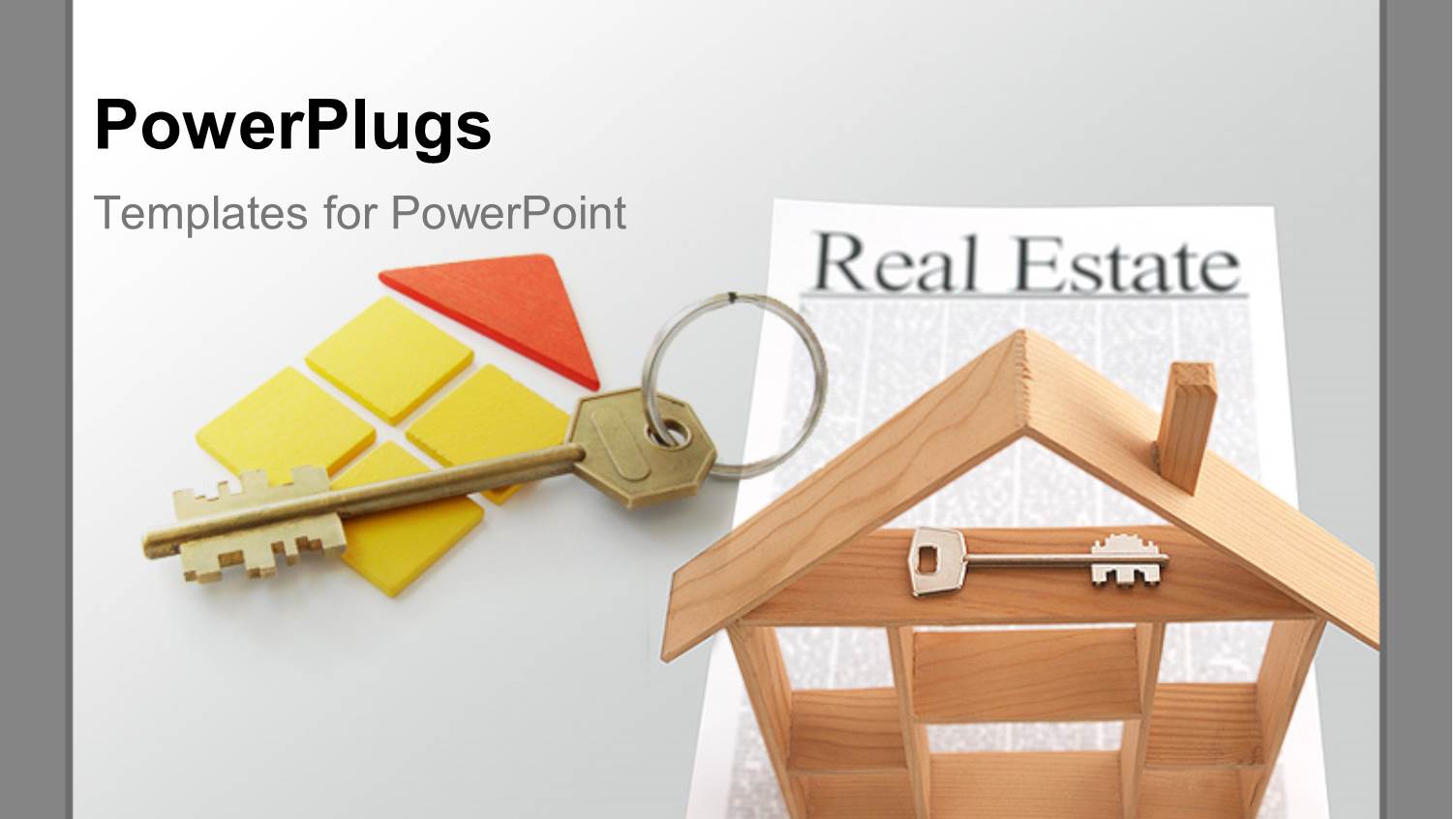 Wooden House Construction with a Key Over a Real Estate Paper with Grey Color