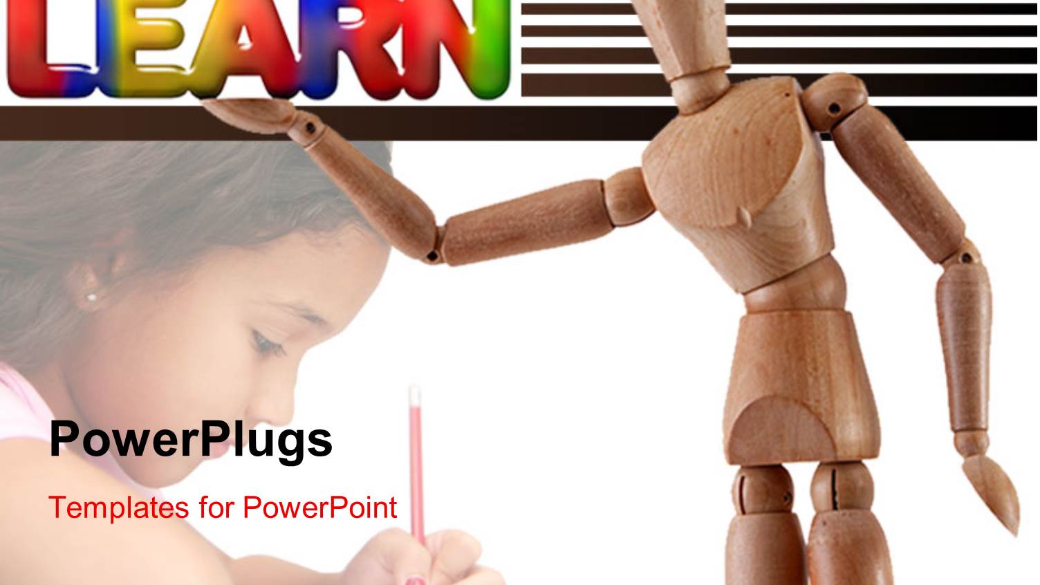 a Wooden Robot and a small Kid with a Text that Spells Out the Word 