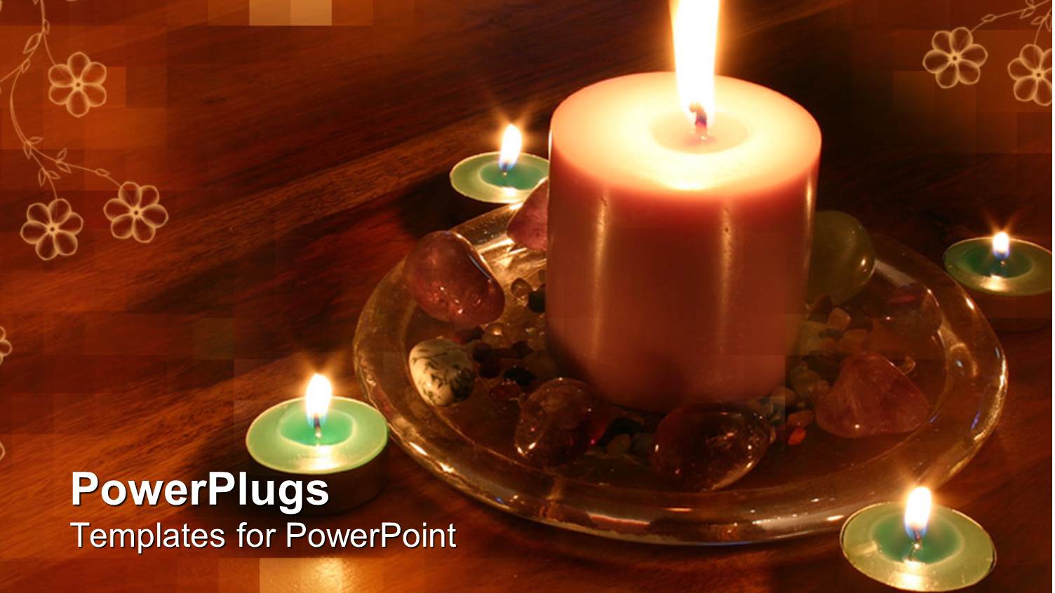 Wooden Table with White Flowers with Lighted Candles and Stones