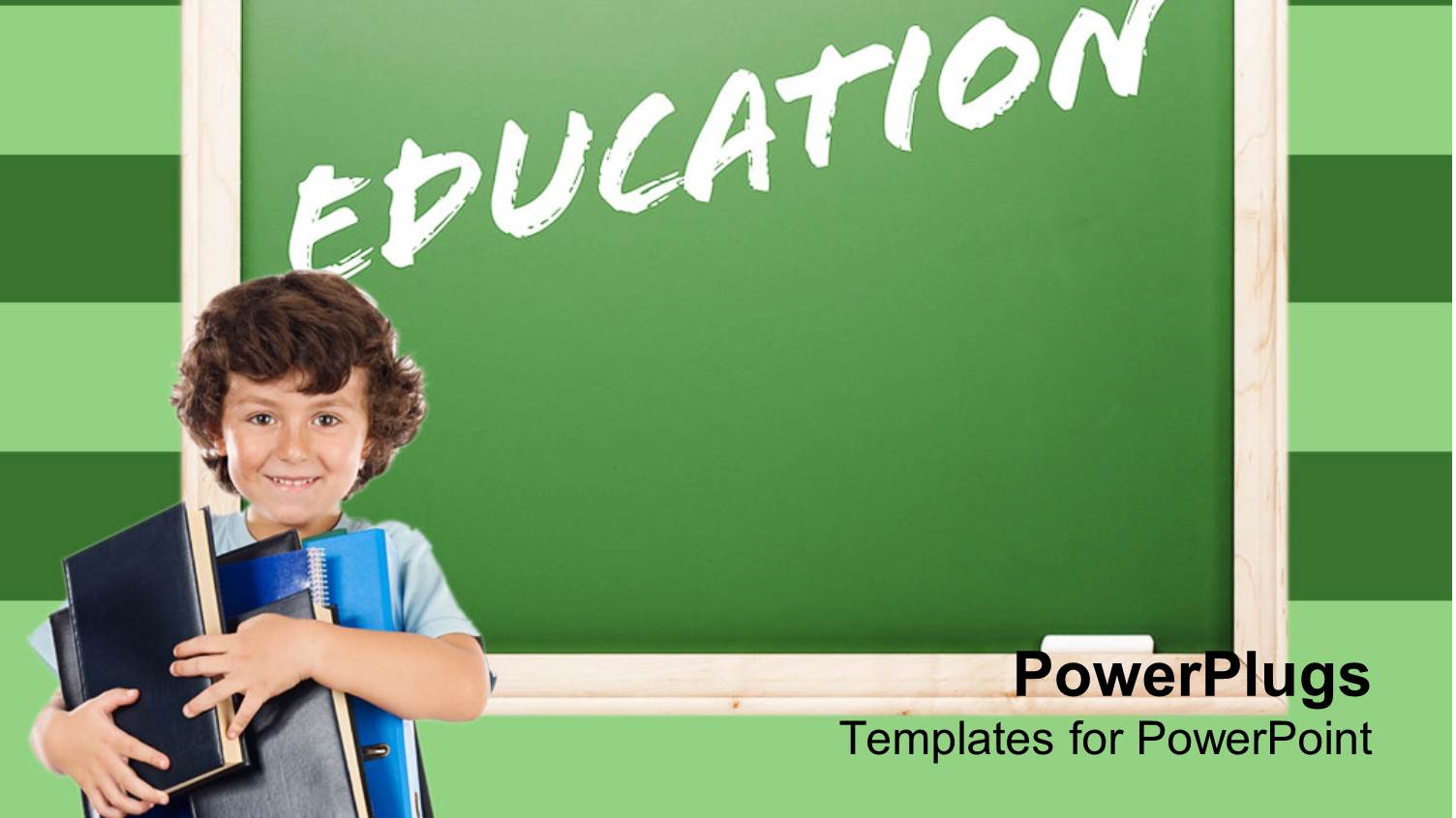 Word Education Written with White Chalk on Green Chalkboard and Boy Pupil Smiling Holding large Books and Notebooks in