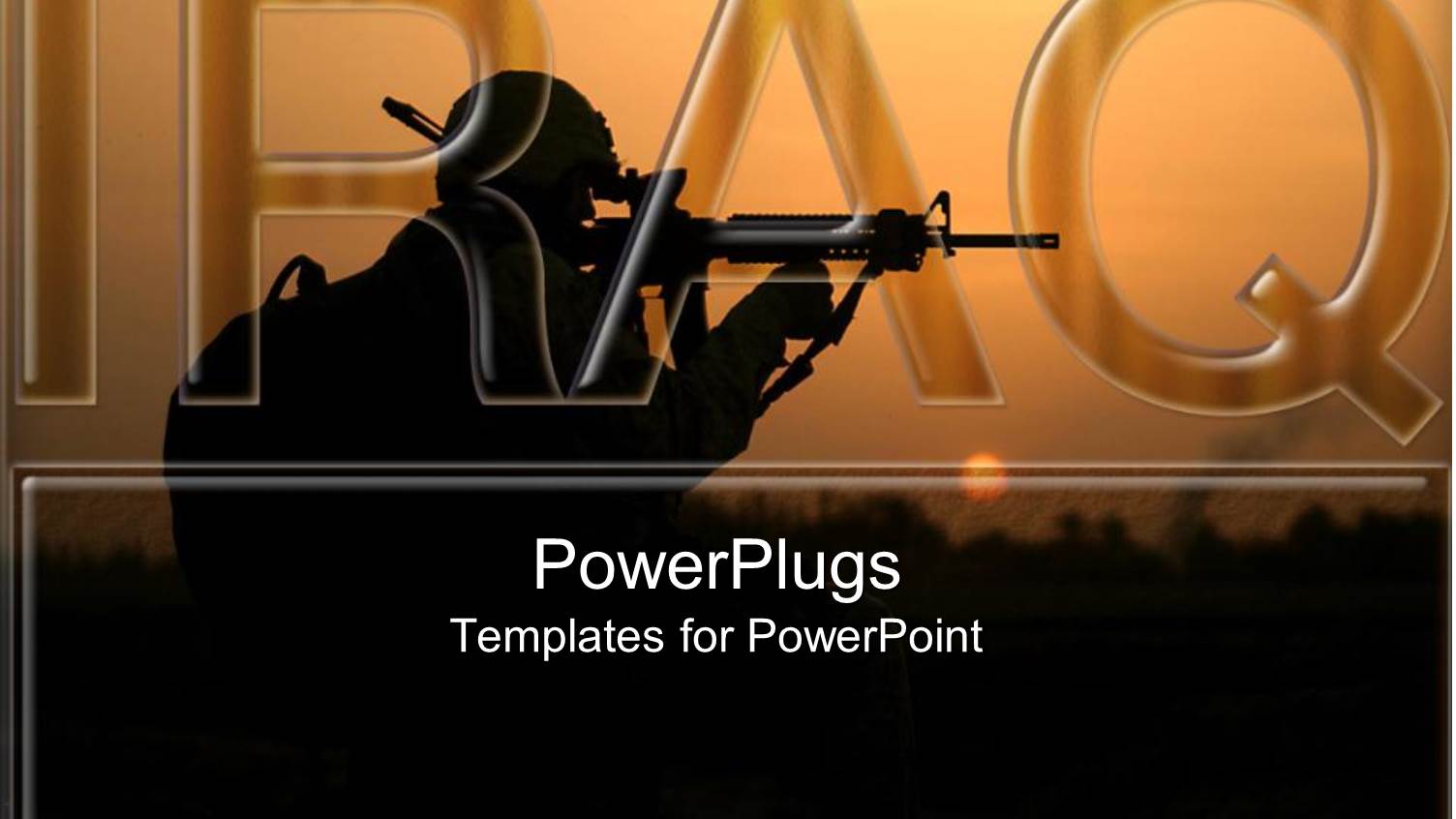 Word IRAQ with Black Silhouette of Shooter in War with Dawn Background