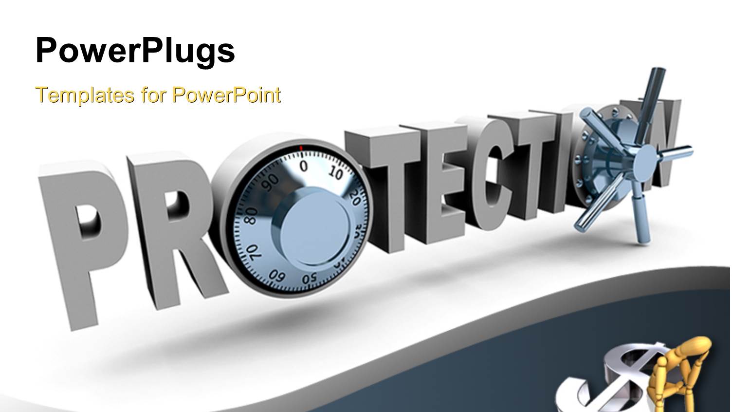 the Word Protection with Safe Dials with Man Sitting on Dollar Symbol with Nice Curve