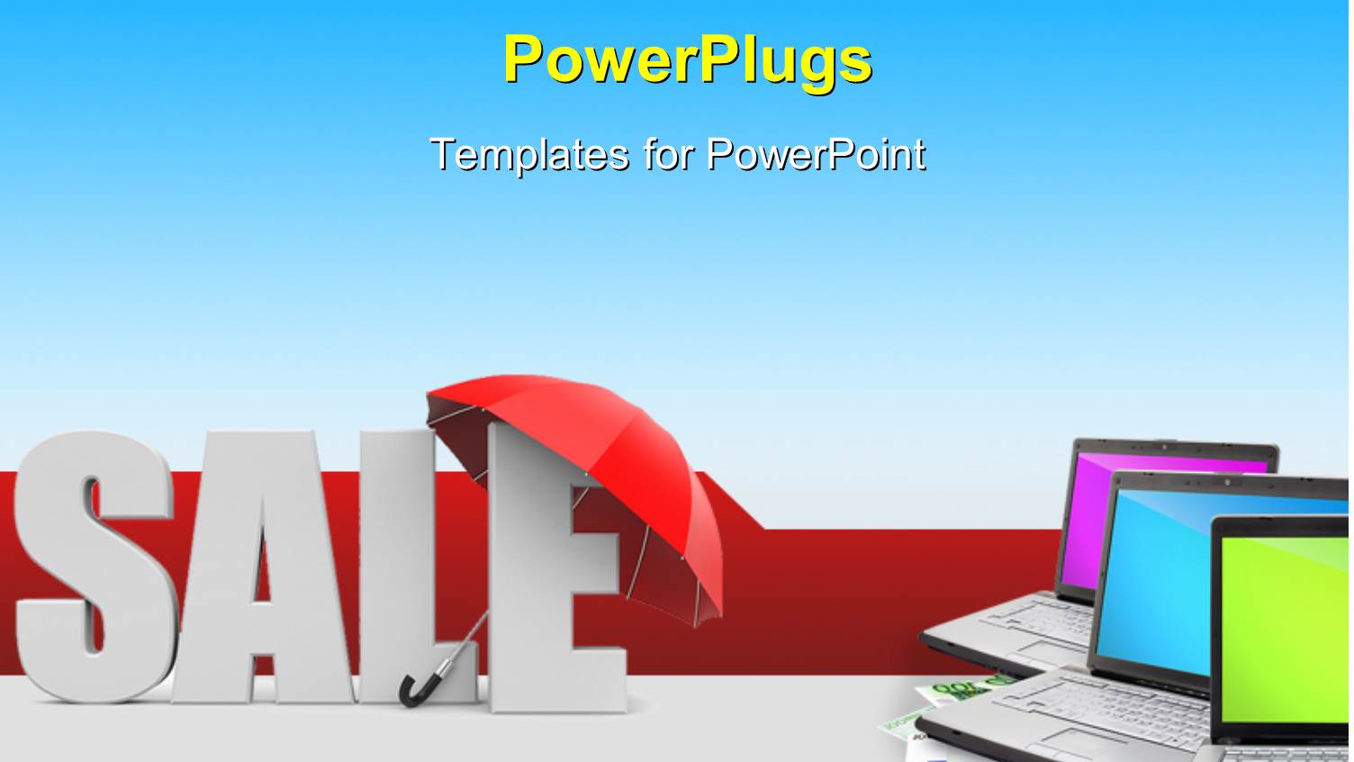 the Word Sale Under the Umbrella with a Lot of Laptops