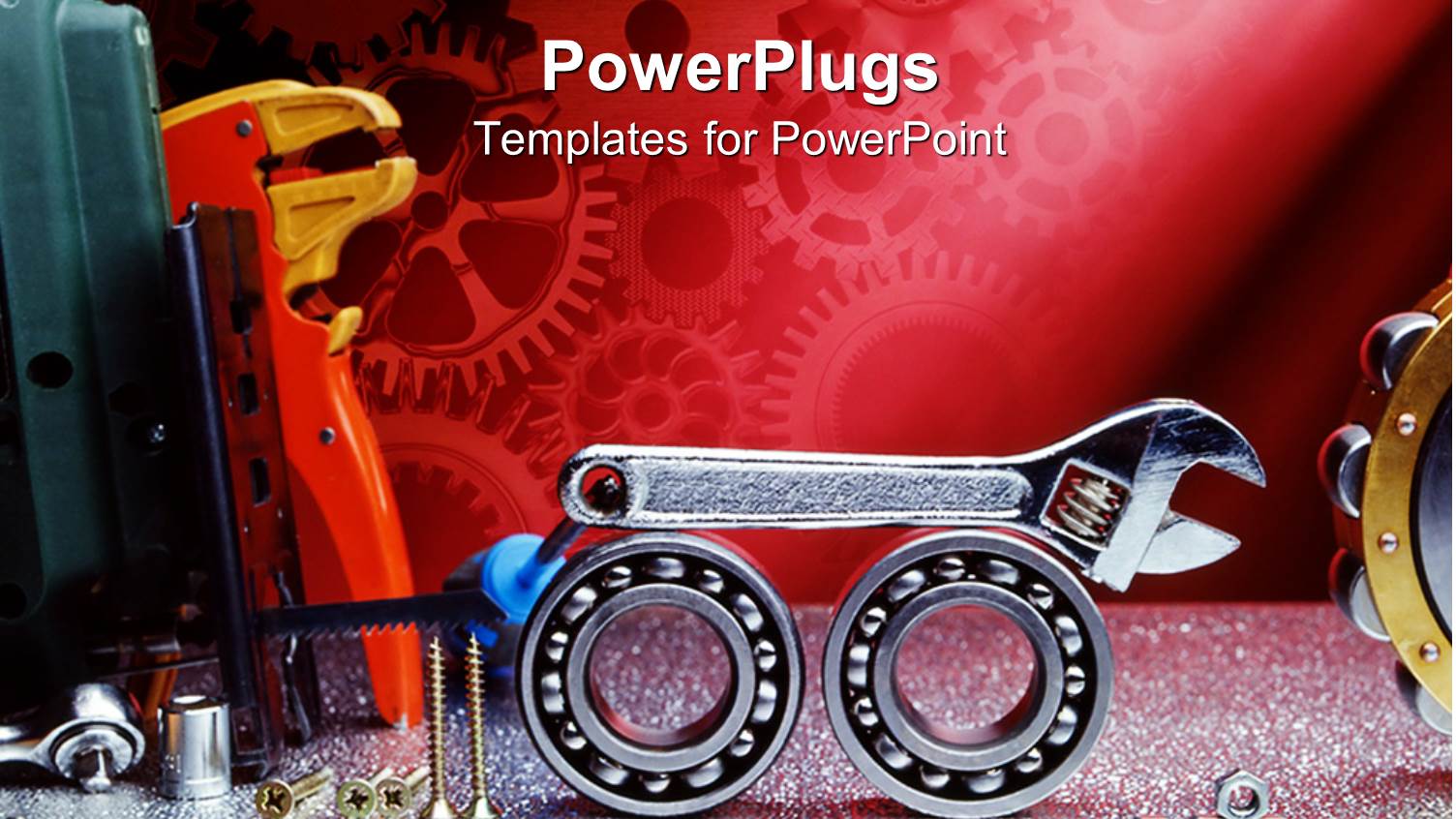 Working Tools Wrench, Gears, Bearings, Bolts, Screws, Mechanical Gear on Red Background
