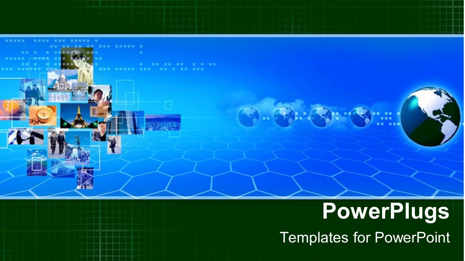 World Business Metaphor with Globes, International Photos, Green Grid Border