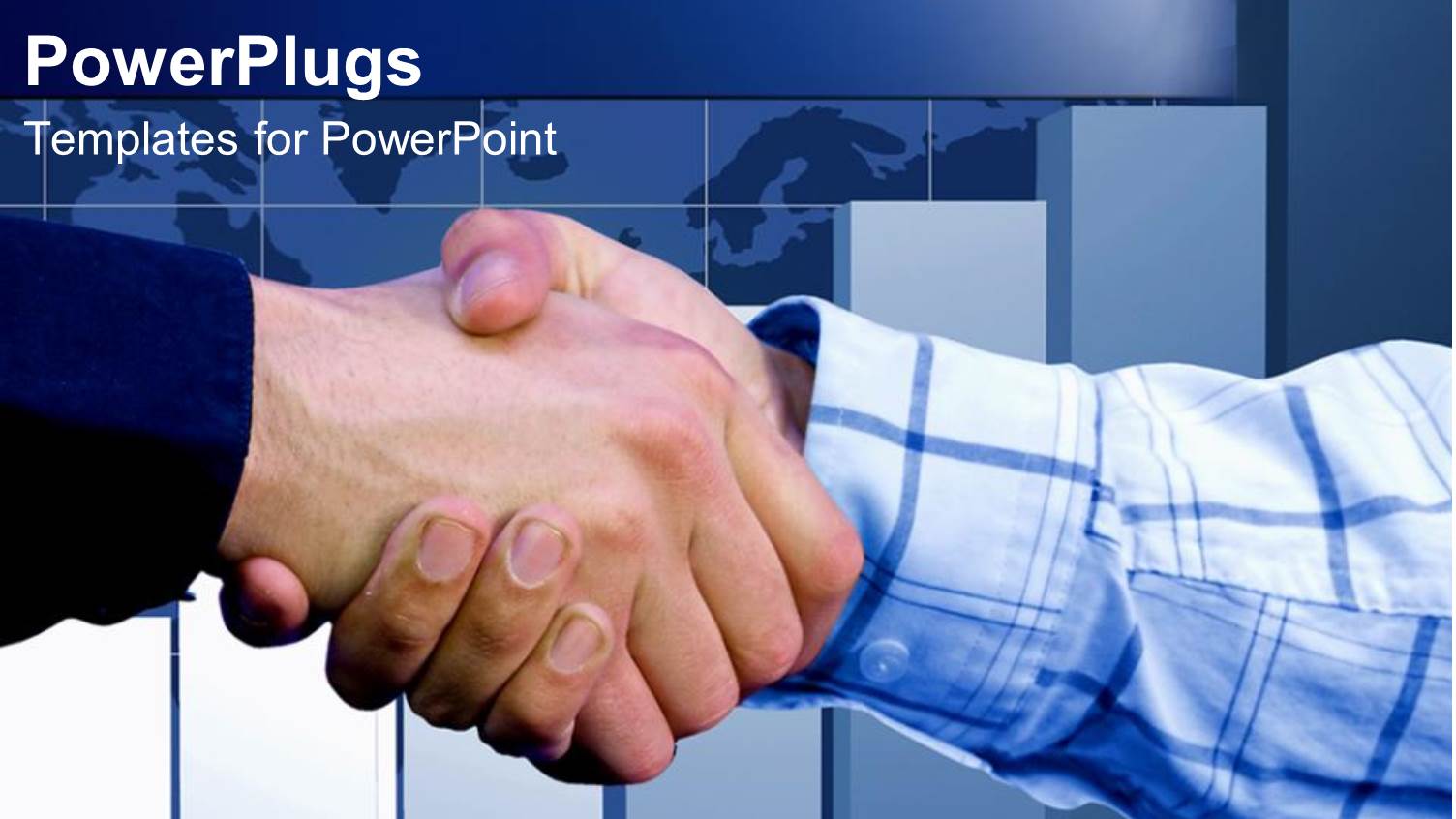 World Map and Bar Charts in Background with Men Shaking Hands