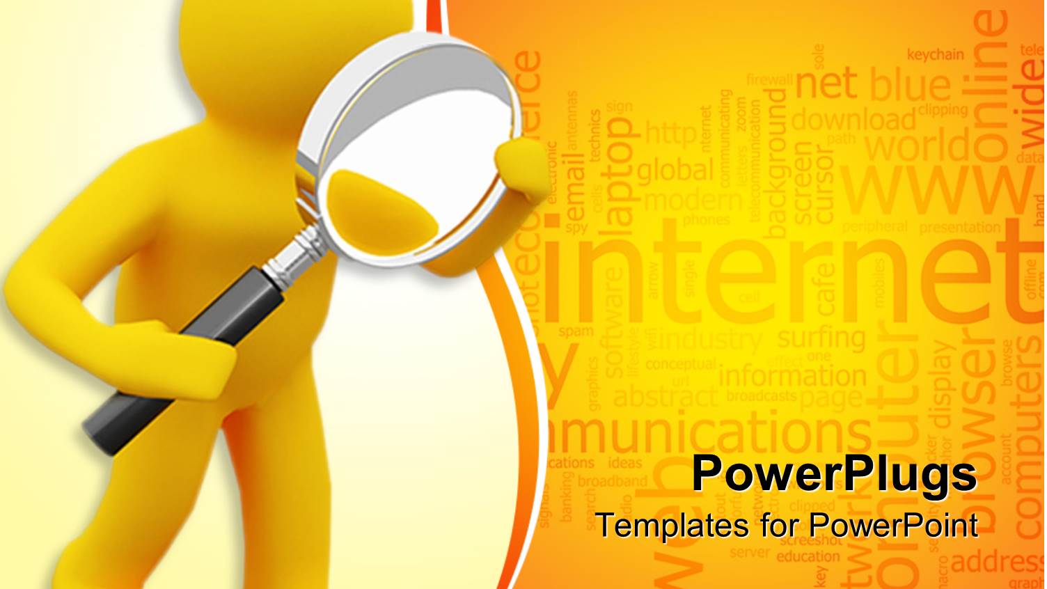 Yellow 3D Figure Looking Through a large Magnifying Glass with Words Related to the Internet on a Yellow and Orange