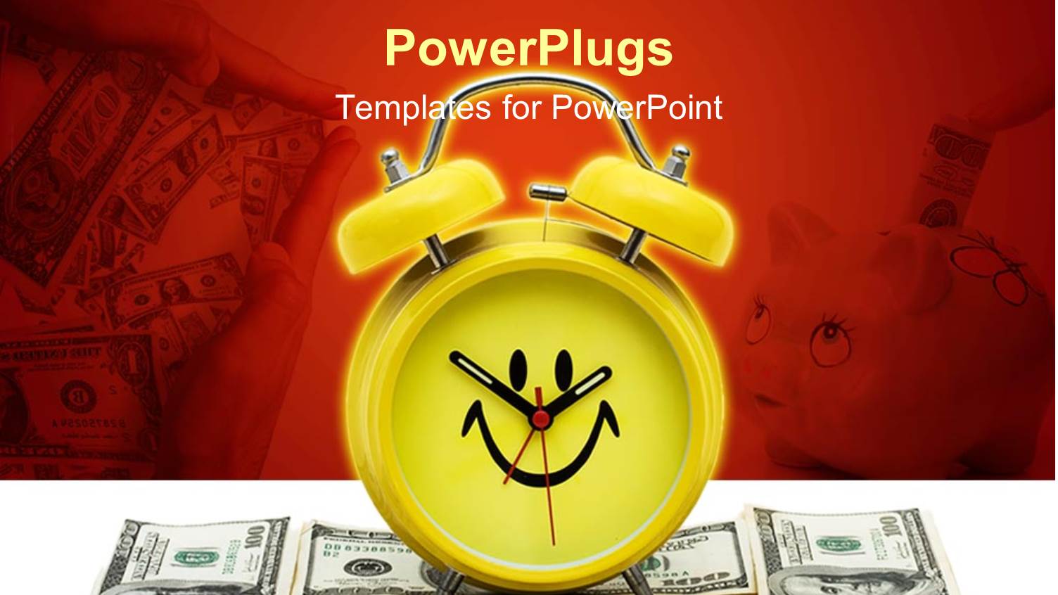 Yellow Alarm Clock with Smiling Face on Top of Dollar Bills on Surface with Dollar Bills and Piggy Bank on Red