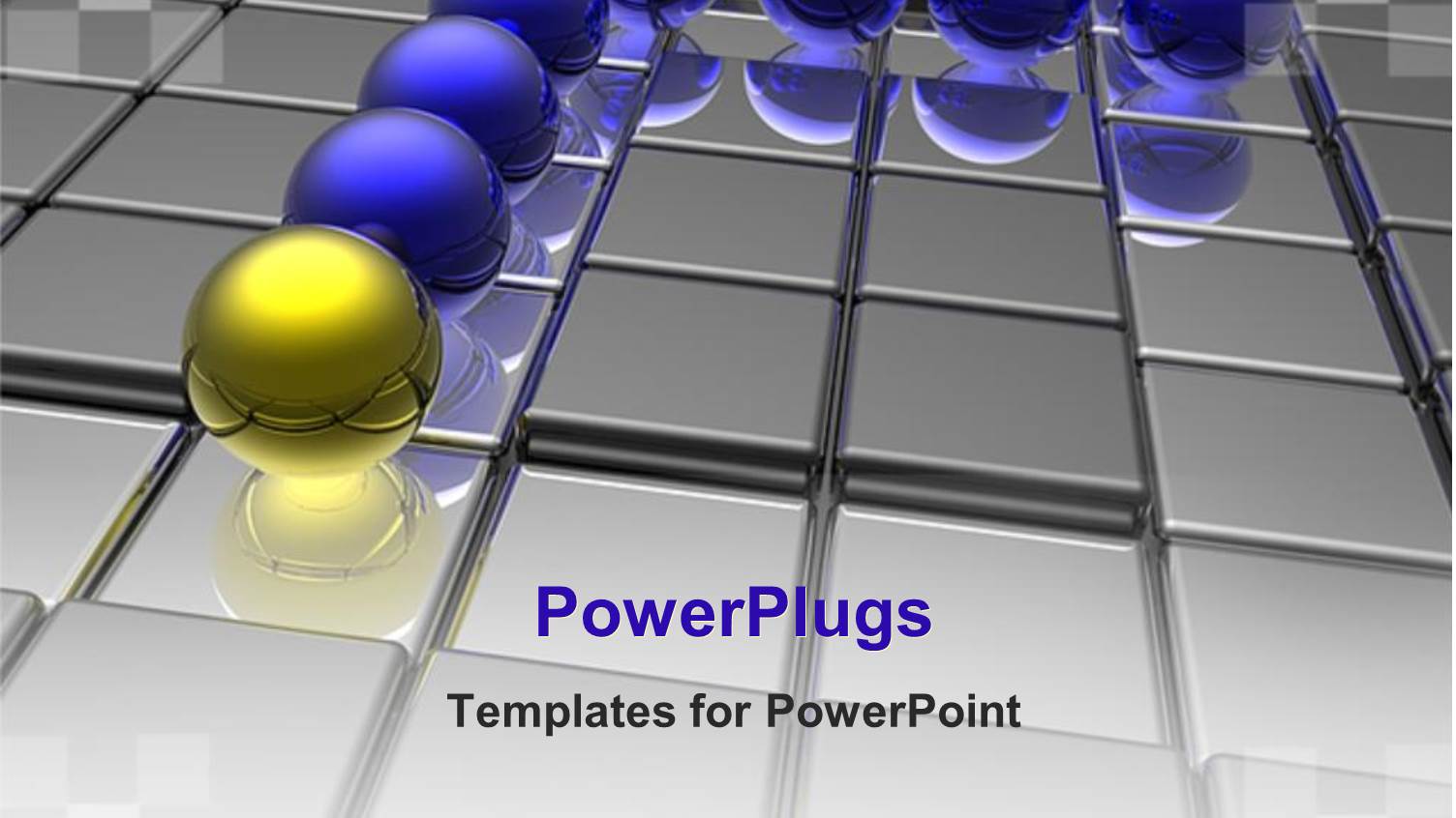 Yellow Ball Leading Blue Balls on Grid Shiny Surface