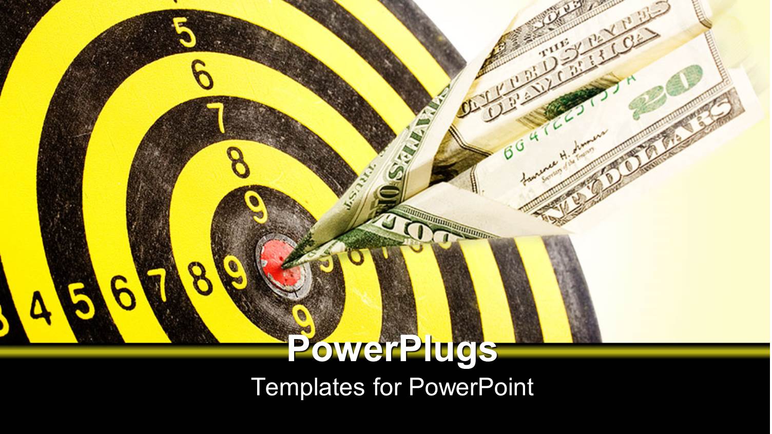 Yellow and Black Dartboard Target with Dollar Bill Arrow in the Middle of Dartboard